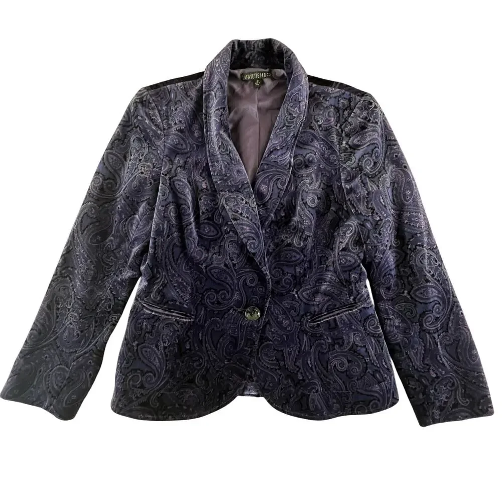 Lafayette 148 New York Velvet Paisley Blazer 12 | Purple Lined Y2K Glam Jacket - Picture 4 of 12